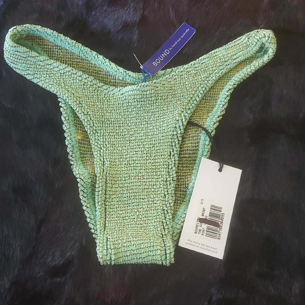 BOND EYE THE SCENE BRIEF BIKINI BOTTOM IN MINT LUREX ;ONE SIZE FITS ALL
